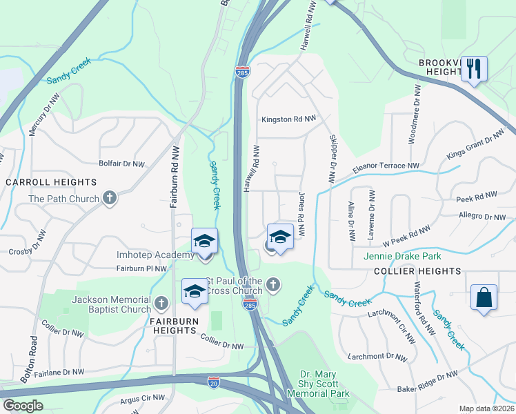 map of restaurants, bars, coffee shops, grocery stores, and more near 2009 Jones Road Northwest in Atlanta