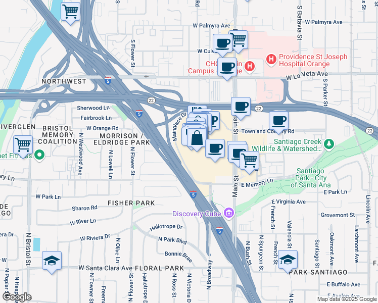 map of restaurants, bars, coffee shops, grocery stores, and more near 2800 North Main Street in Orange