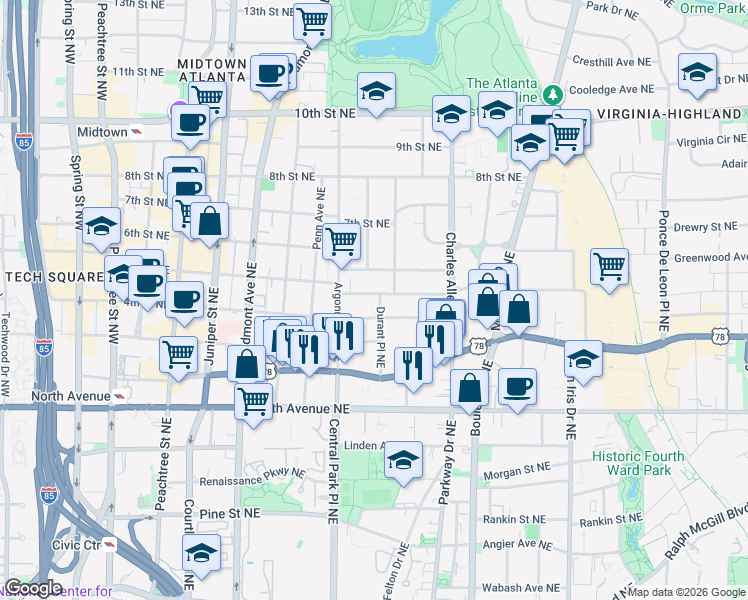 map of restaurants, bars, coffee shops, grocery stores, and more near 341 5th Street Northeast in Atlanta