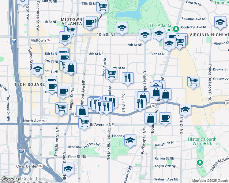 map of restaurants, bars, coffee shops, grocery stores, and more near 313 5th Street Northeast in Atlanta