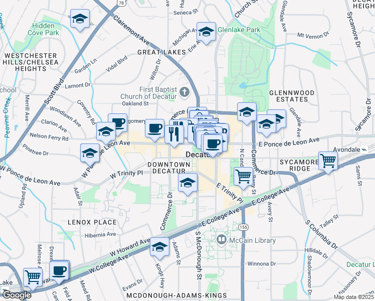 map of restaurants, bars, coffee shops, grocery stores, and more near in Decatur