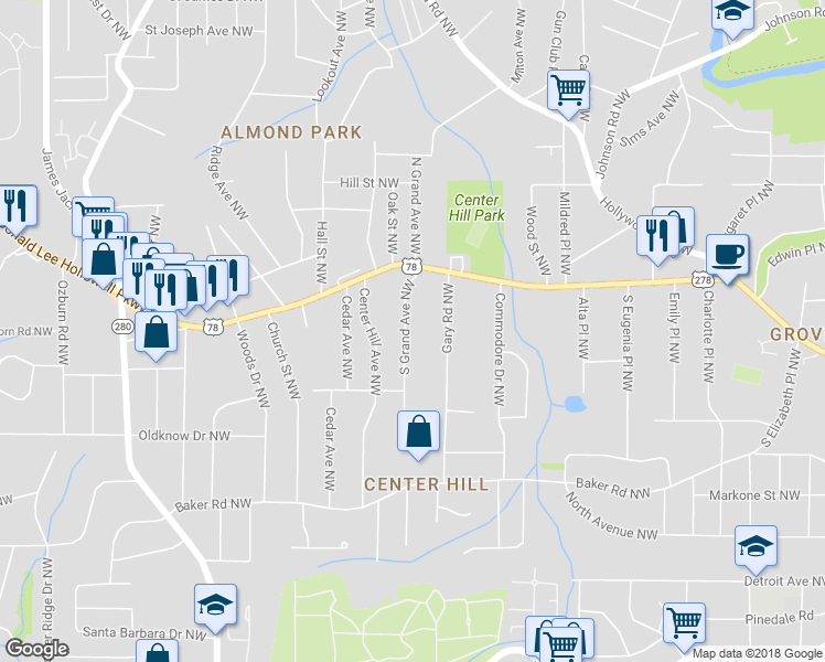 map of restaurants, bars, coffee shops, grocery stores, and more near 735 South Grand Avenue Northwest in Atlanta