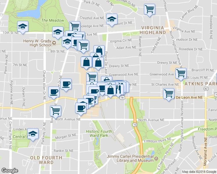 map of restaurants, bars, coffee shops, grocery stores, and more near 737 Saint Charles Avenue Northeast in Atlanta