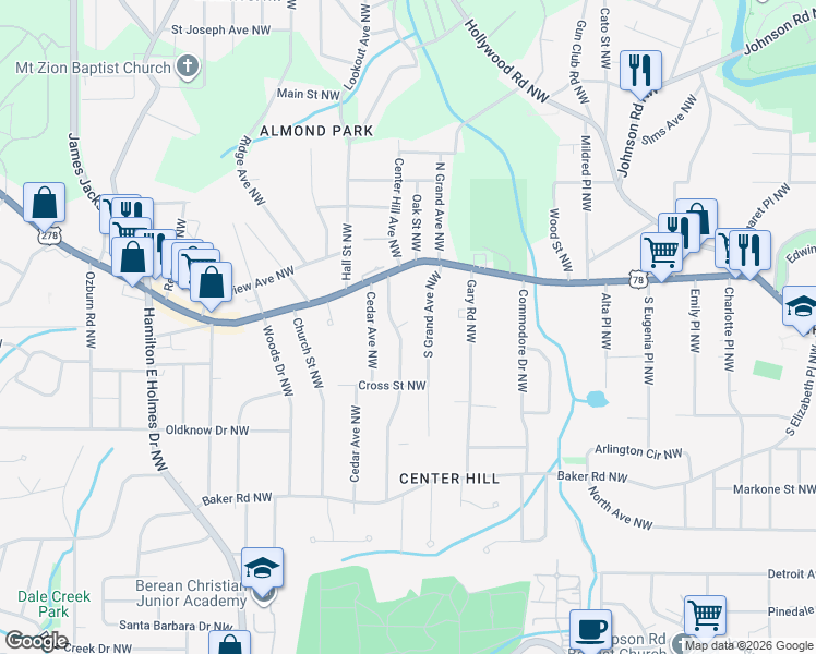 map of restaurants, bars, coffee shops, grocery stores, and more near 735 Center Hill Avenue Northwest in Atlanta