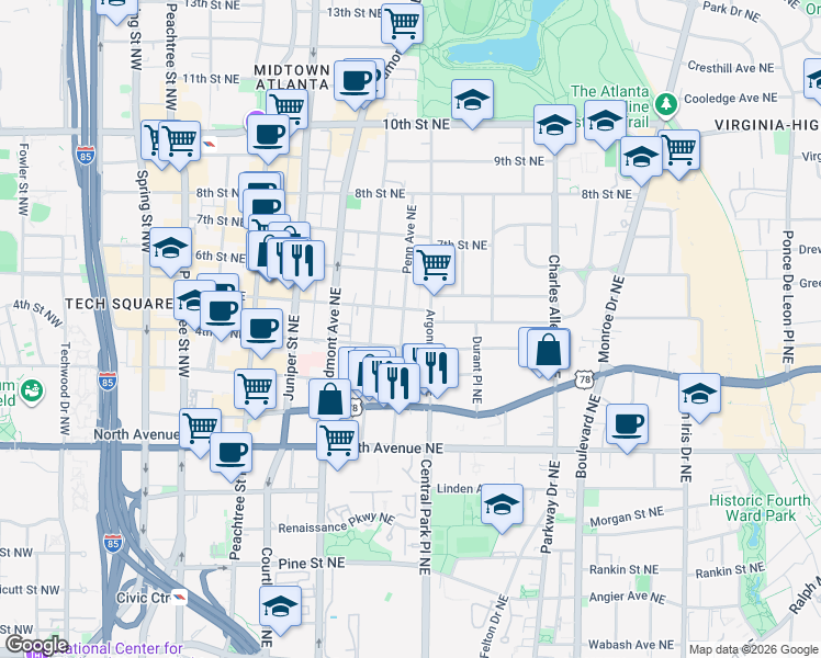 map of restaurants, bars, coffee shops, grocery stores, and more near 749 Penn Avenue Northeast in Atlanta