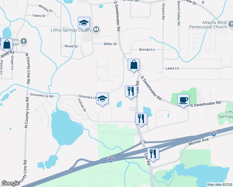 map of restaurants, bars, coffee shops, grocery stores, and more near 3480 Groovers Lake Road in Lithia Springs