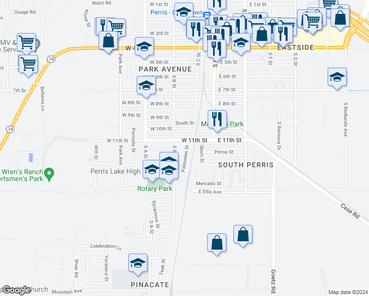 map of restaurants, bars, coffee shops, grocery stores, and more near 1160 Palisades Street in Perris