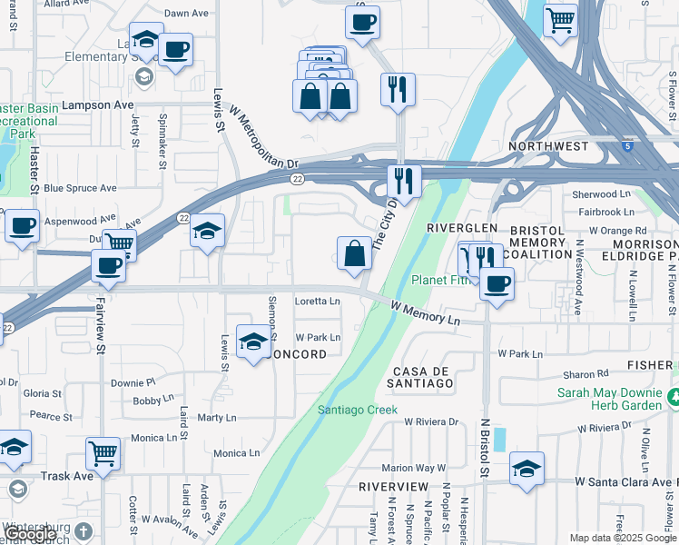 map of restaurants, bars, coffee shops, grocery stores, and more near 790 The City Drive South in Orange