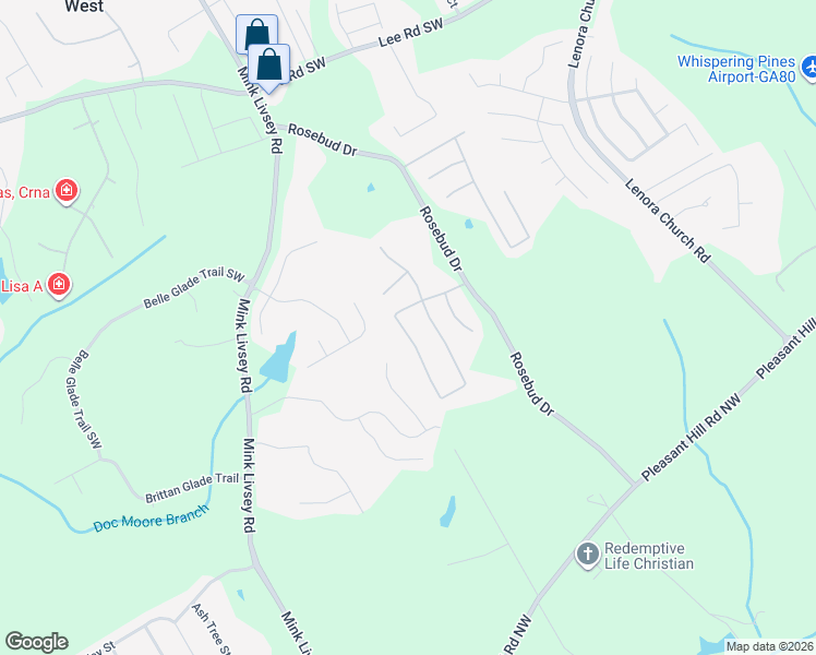 map of restaurants, bars, coffee shops, grocery stores, and more near 3582 Rosebud Park Drive in Snellville