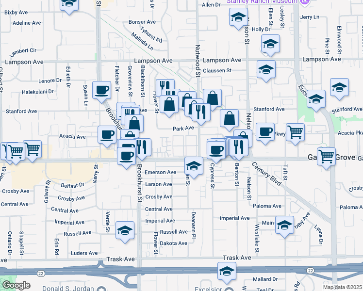 map of restaurants, bars, coffee shops, grocery stores, and more near 10411 Garden Grove Boulevard in Garden Grove
