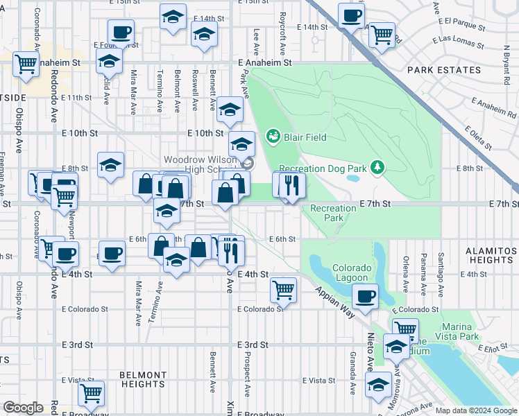 map of restaurants, bars, coffee shops, grocery stores, and more near 4540 East 7th Street in Long Beach