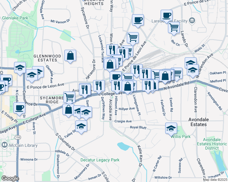 map of restaurants, bars, coffee shops, grocery stores, and more near 2718 East College Avenue in Decatur
