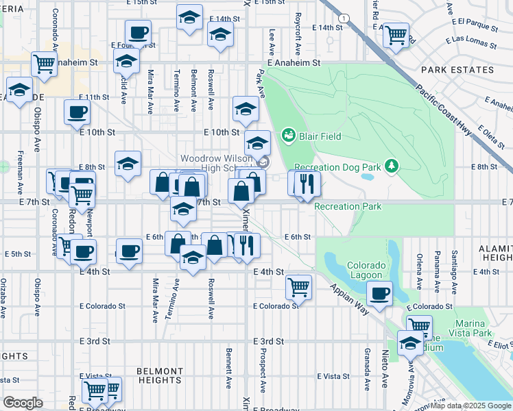 map of restaurants, bars, coffee shops, grocery stores, and more near 4426 East 7th Street in Long Beach