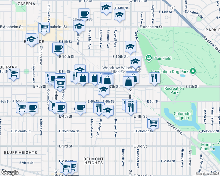 map of restaurants, bars, coffee shops, grocery stores, and more near 4107 East 7th Street in Long Beach