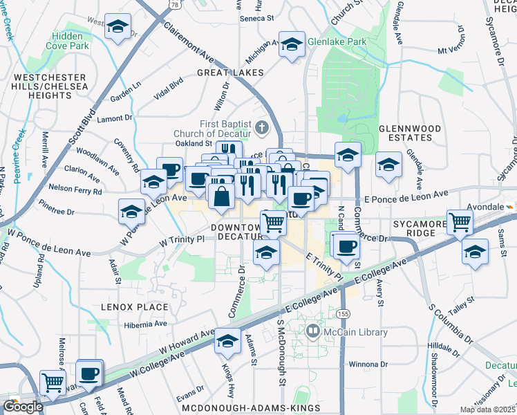 map of restaurants, bars, coffee shops, grocery stores, and more near 190 West Ponce de Leon Avenue in Decatur