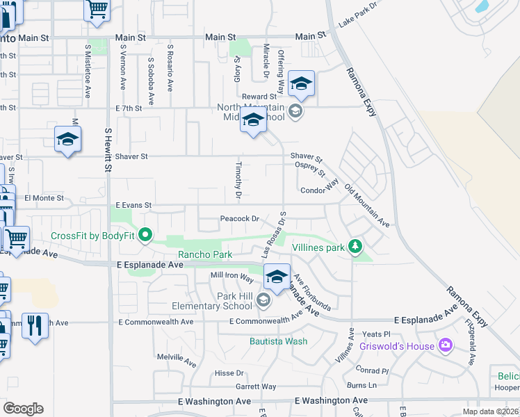 map of restaurants, bars, coffee shops, grocery stores, and more near 1084 East Evans Street in San Jacinto