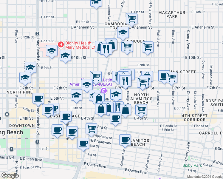 map of restaurants, bars, coffee shops, grocery stores, and more near 1066 East 7th Street in Long Beach