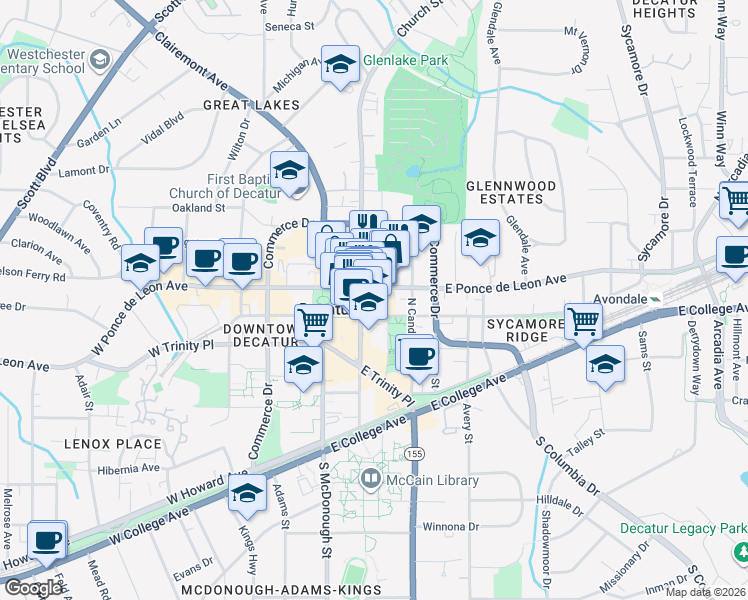 map of restaurants, bars, coffee shops, grocery stores, and more near 216 East Ponce de Leon Avenue in Decatur