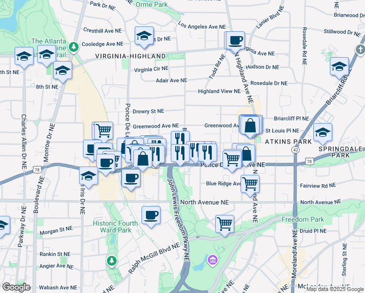 map of restaurants, bars, coffee shops, grocery stores, and more near 886 Saint Charles Avenue Northeast in Atlanta