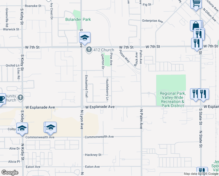 map of restaurants, bars, coffee shops, grocery stores, and more near 1237 Huckleberry Lane in San Jacinto