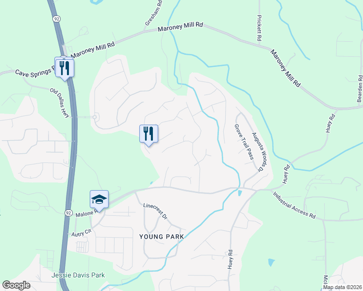 map of restaurants, bars, coffee shops, grocery stores, and more near 6325 Holborne Lane in Douglasville