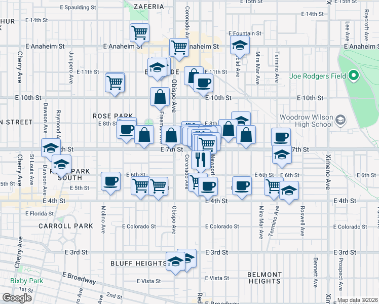 map of restaurants, bars, coffee shops, grocery stores, and more near 3300 East 7th Street in Long Beach
