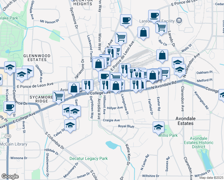 map of restaurants, bars, coffee shops, grocery stores, and more near 2740 East College Avenue in Decatur
