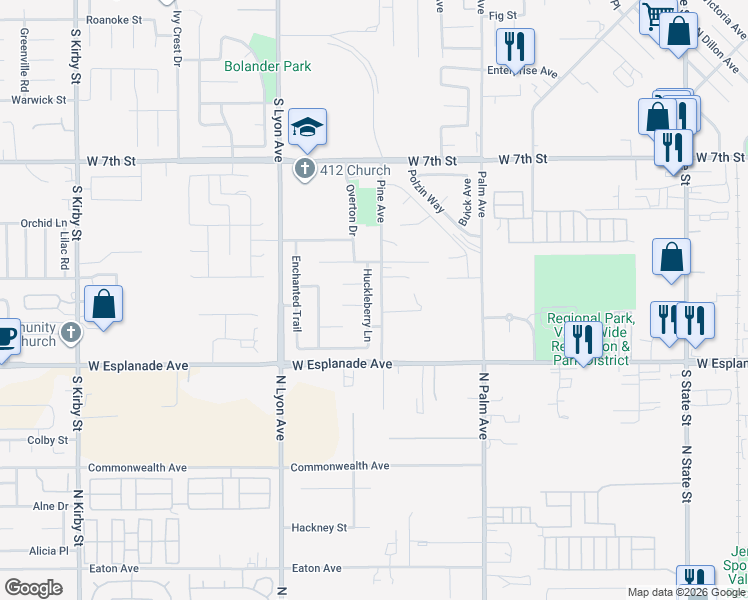 map of restaurants, bars, coffee shops, grocery stores, and more near 1237 Huckleberry Lane in San Jacinto