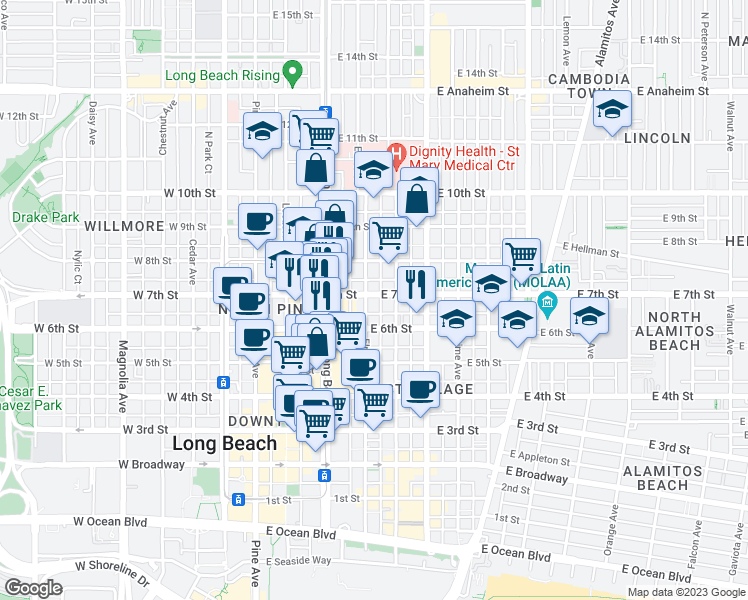 map of restaurants, bars, coffee shops, grocery stores, and more near 406 East 7th Street in Long Beach