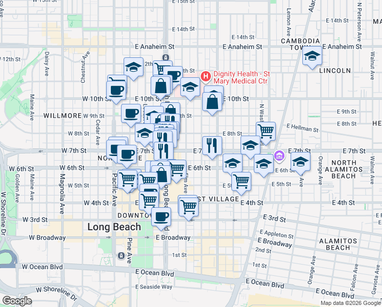 map of restaurants, bars, coffee shops, grocery stores, and more near 406 East 7th Street in Long Beach