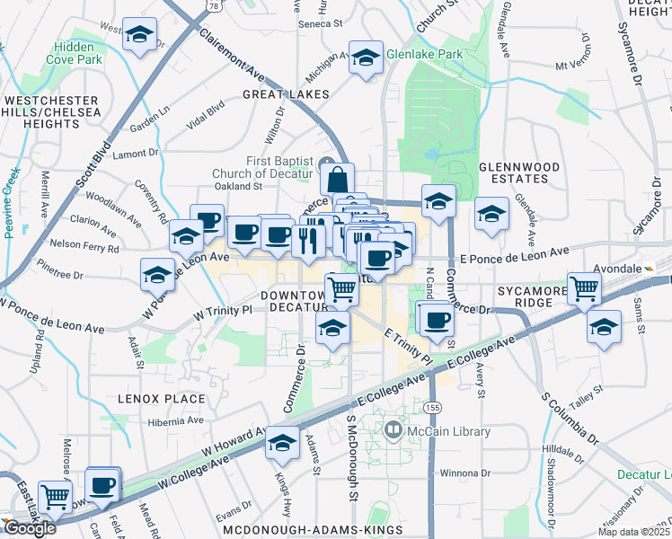 map of restaurants, bars, coffee shops, grocery stores, and more near 1 West Court Square in Decatur