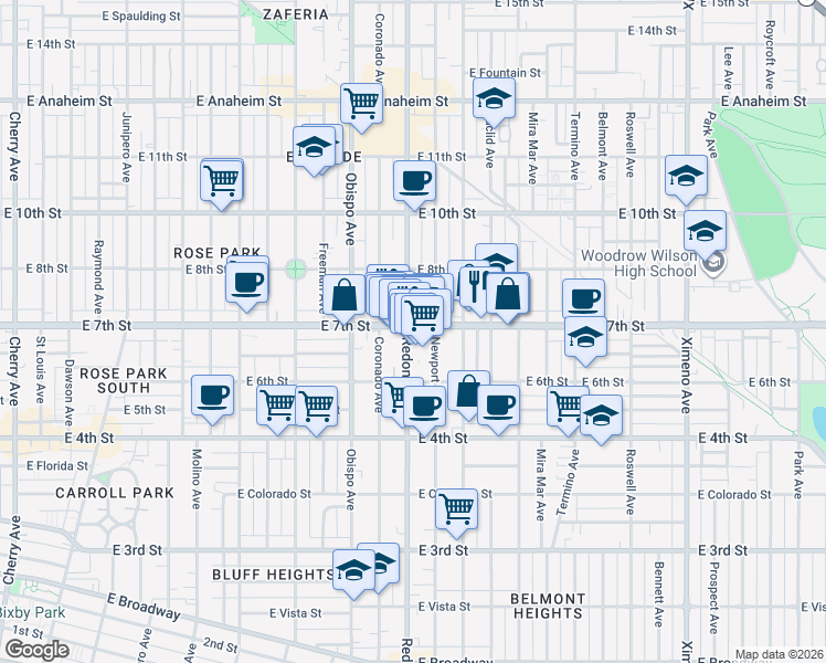 map of restaurants, bars, coffee shops, grocery stores, and more near 3400 East 7th Street in Long Beach
