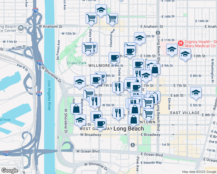 map of restaurants, bars, coffee shops, grocery stores, and more near 428 West 7th Street in Long Beach