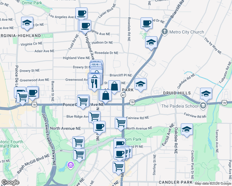 map of restaurants, bars, coffee shops, grocery stores, and more near in Atlanta