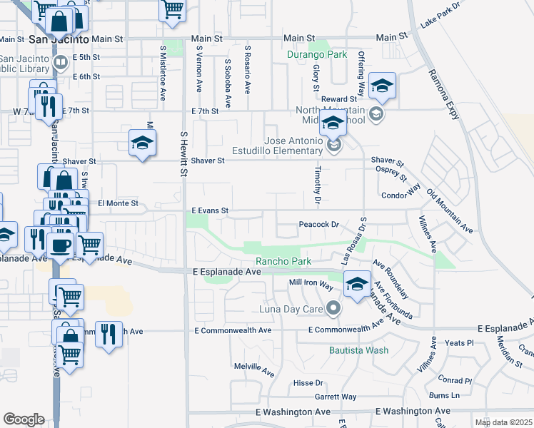 map of restaurants, bars, coffee shops, grocery stores, and more near 1221 Windsor Place in San Jacinto