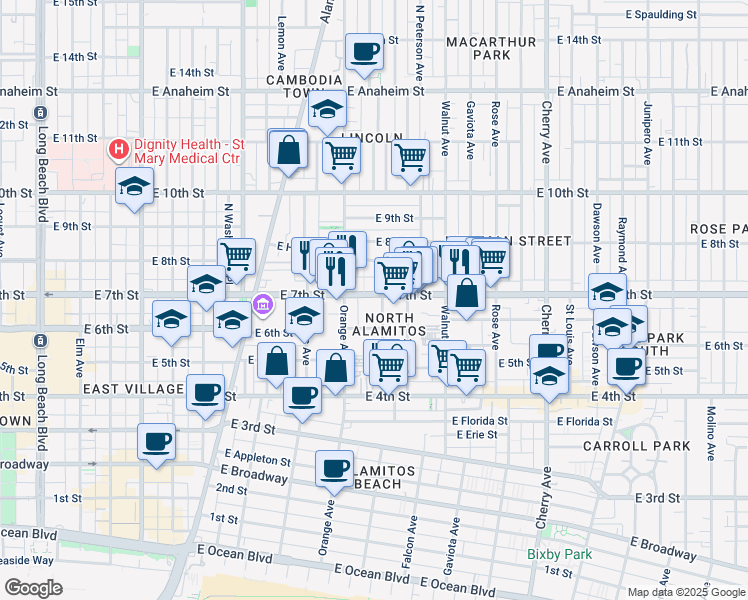 map of restaurants, bars, coffee shops, grocery stores, and more near 1308 East 7th Street in Long Beach