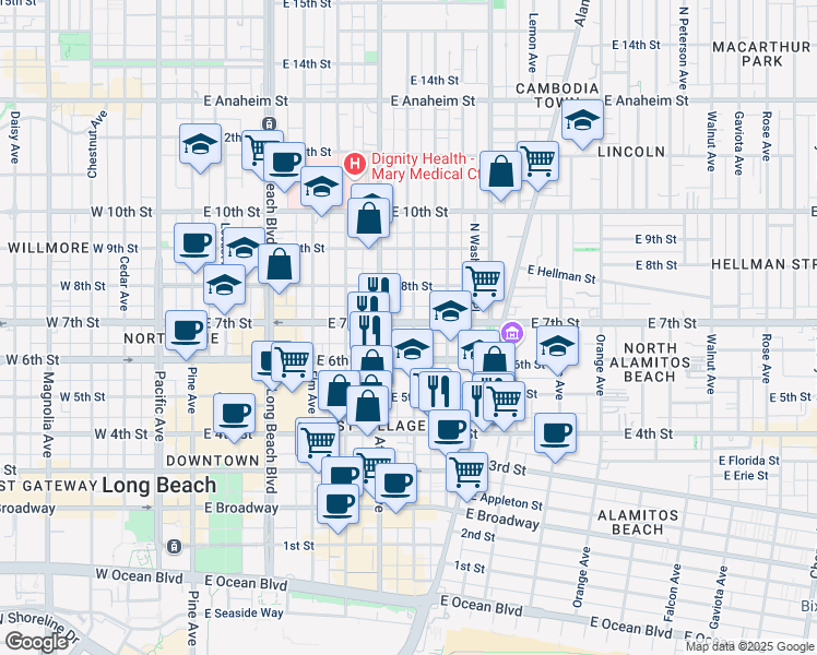 map of restaurants, bars, coffee shops, grocery stores, and more near 644 East 7th Street in Long Beach