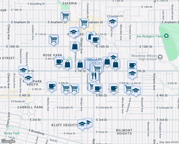 map of restaurants, bars, coffee shops, grocery stores, and more near 3304 East 7th Street in Long Beach