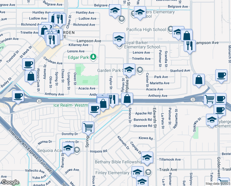 map of restaurants, bars, coffee shops, grocery stores, and more near 6371 Anthony Avenue in Garden Grove
