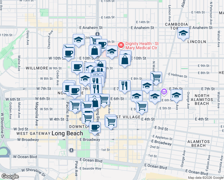 map of restaurants, bars, coffee shops, grocery stores, and more near 357 East 7th Street in Long Beach