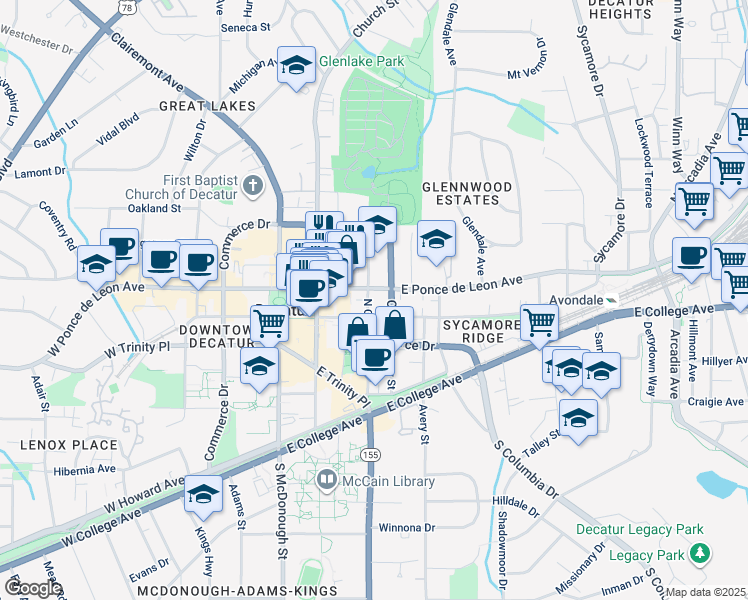 map of restaurants, bars, coffee shops, grocery stores, and more near 305 East Ponce de Leon Avenue in Decatur