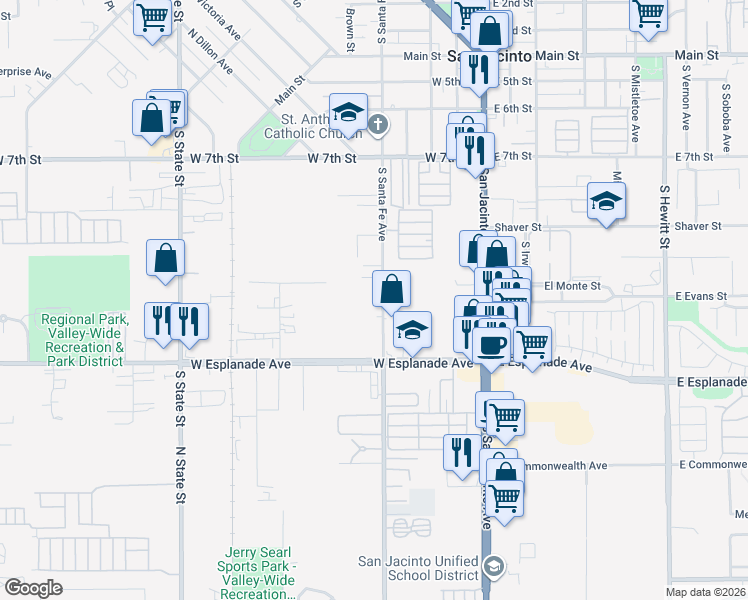 map of restaurants, bars, coffee shops, grocery stores, and more near 1262 South Santa Fe Avenue in San Jacinto