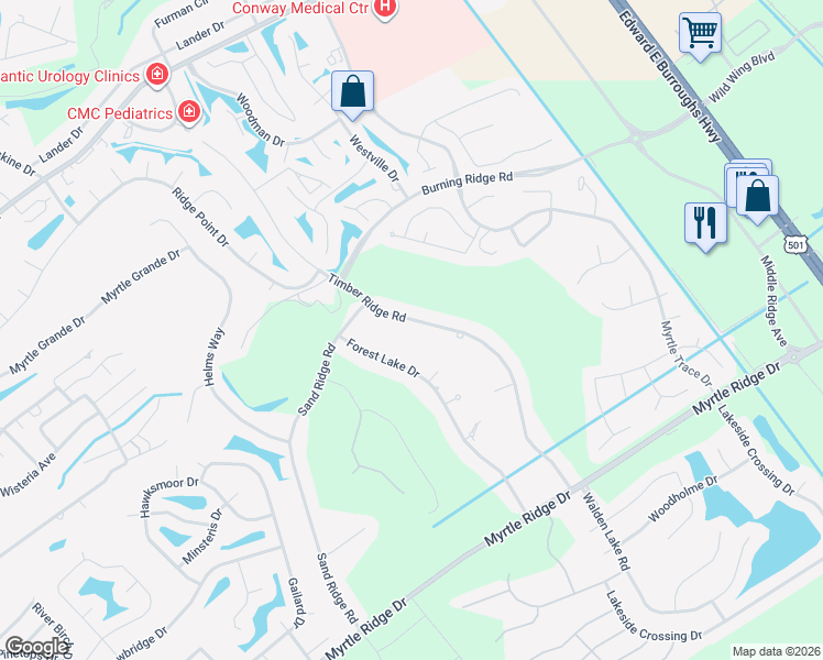 map of restaurants, bars, coffee shops, grocery stores, and more near 8208 Timber Ridge Road in Conway