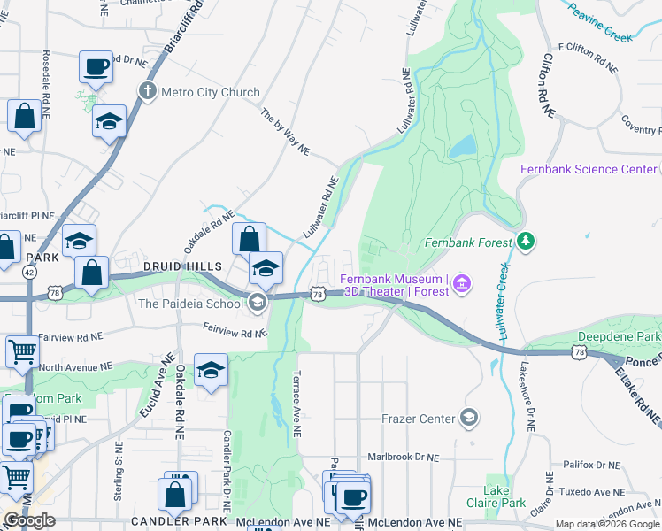 map of restaurants, bars, coffee shops, grocery stores, and more near 29 Lullwater Estate Northeast in Atlanta