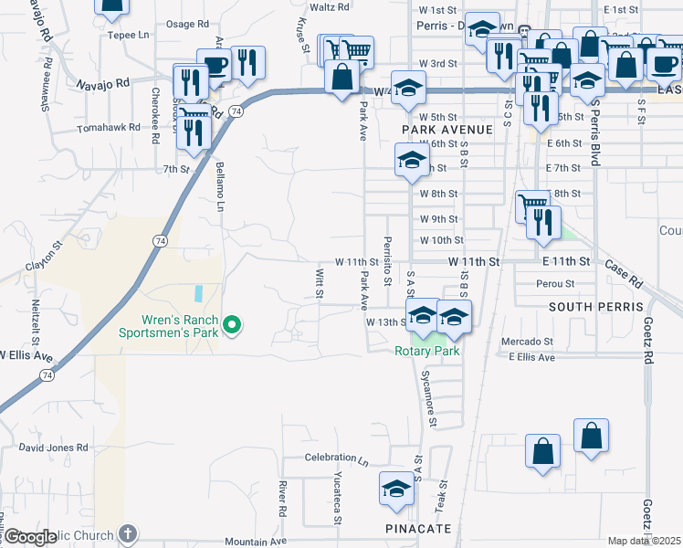 map of restaurants, bars, coffee shops, grocery stores, and more near 595 West 11th Street in Perris