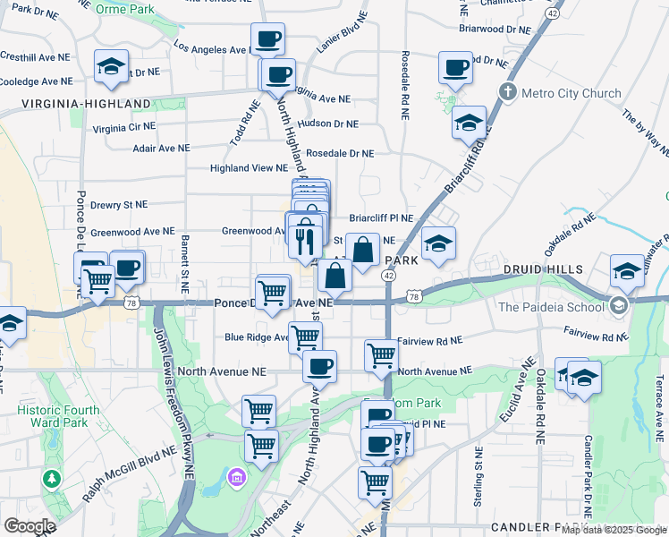 map of restaurants, bars, coffee shops, grocery stores, and more near 1095 Saint Charles Place Northeast in Atlanta