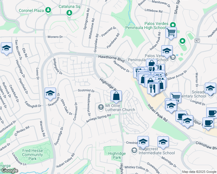 map of restaurants, bars, coffee shops, grocery stores, and more near 5907 Peacock Ridge Road in Rancho Palos Verdes
