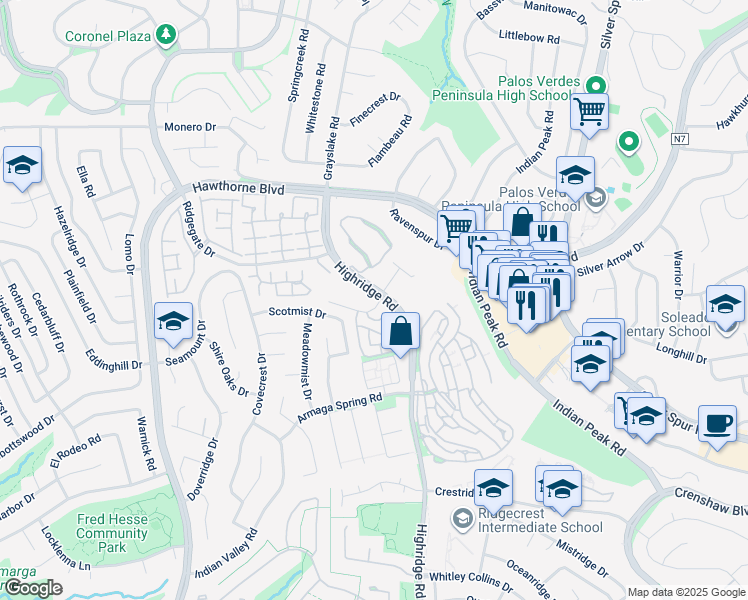 map of restaurants, bars, coffee shops, grocery stores, and more near 5907 Peacock Ridge Road in Rancho Palos Verdes