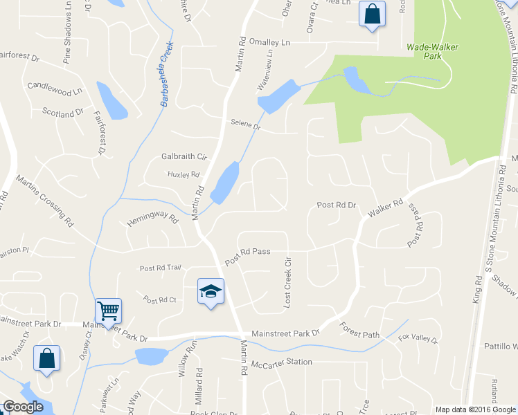 map of restaurants, bars, coffee shops, grocery stores, and more near 5248 Martins Crossing Road in Stone Mountain