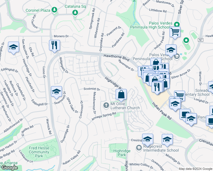 map of restaurants, bars, coffee shops, grocery stores, and more near 5959 Peacock Ridge Road in Rancho Palos Verdes